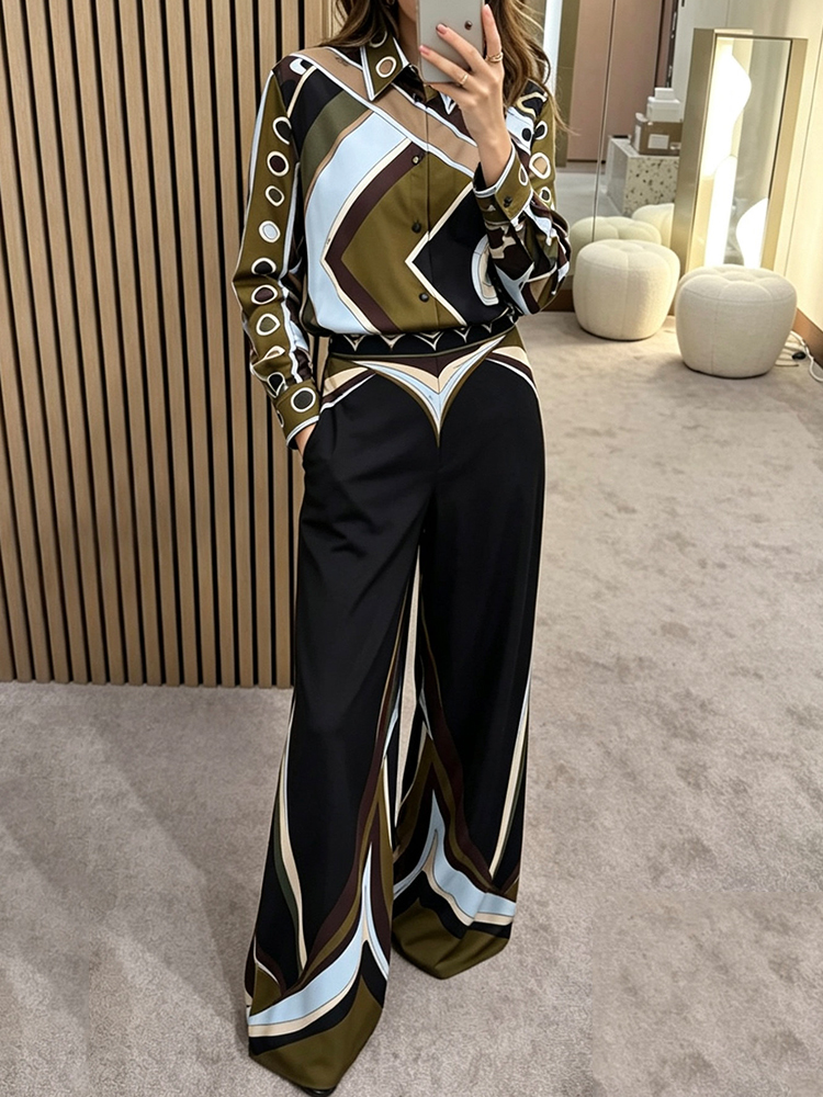 Silk Blouse Button - レトロ幾何学模様プリントシルクシャツツーピースセット2026秋レディース服+ルーズワイドレッグパンツファッションセット