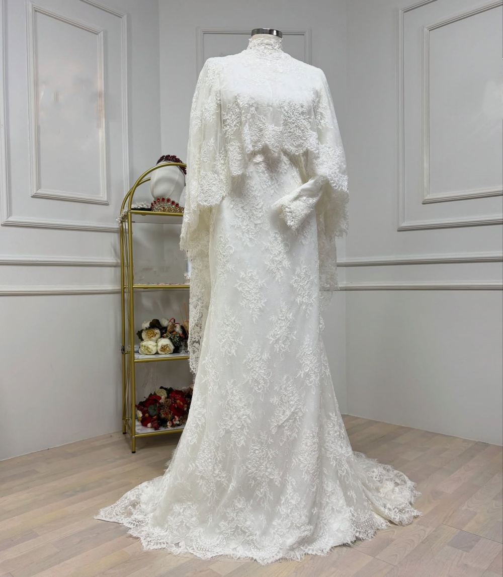 Women Formal Wear Dress - カスタマイズされたレースハイカラートランペットフロアレングスオーダーメイドオケージョン女性エレガントなショールウェディングウエディングドレス高品質