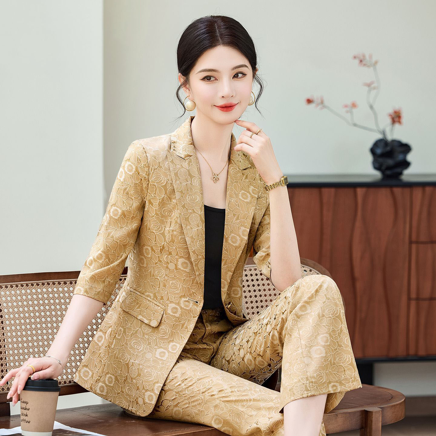 Women Formal Wear Blazers - ファッションアプリコットハーフスリーブプロフェッショナルスーツ女性新2026夏エレガントフォーマルスリムブレザーとパンツオフィスレディースワークウェア