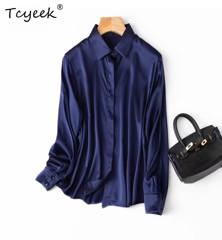 Silk Blouse Button - Tcyeek 93% 桑シルクレディーストップスエレガントなシャツ女性のための春夏服 19 ミリメートルシルク長袖シャツ OL