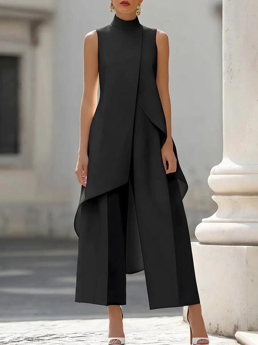 Women'S Office Formal Wear For Ladies - ノースリーブハイネックアシンメトリーレイヤードワイドレッグジャンプスーツ レディース エレガントフォーマルイブニングウェア