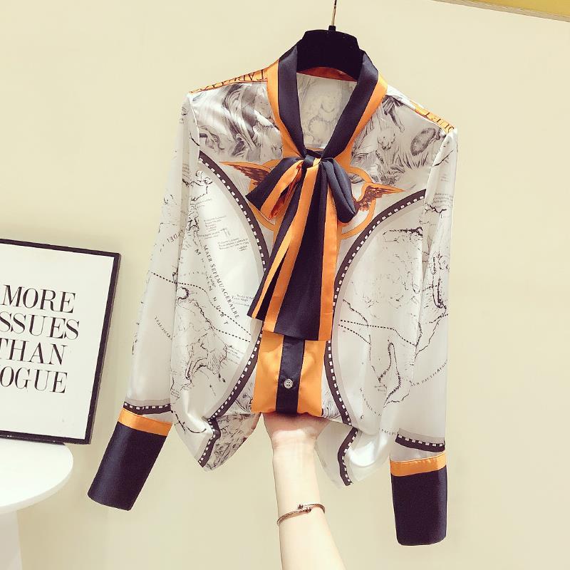 Silk Blouse Button - 女性用シルクシフォンスカーフ,韓国プリント,長袖,ブラウス,オフィスシャツ,女性用リボンシャツ,ルーズフィット,ファッショナブルなトップス