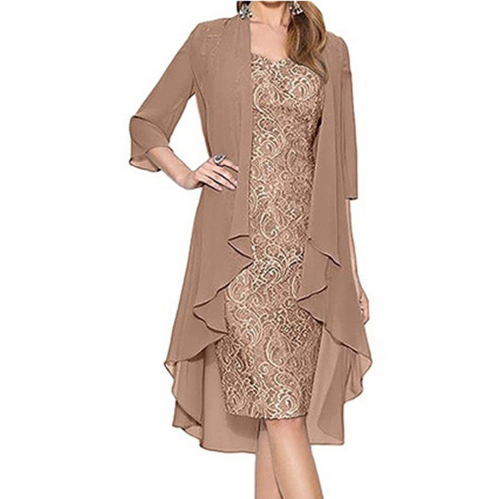 Women Formal Wear Dress - フォーマルドレスセット女性衣装エレガントな花柄レースヴィンテージ 2 枚セット女性ニットカーディガンドレス宴会
