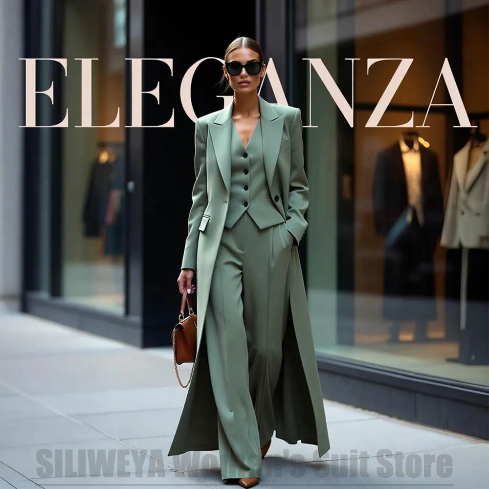 Women Formal Wear Blazers - シックなレディーススーツ3点セット、ピークドラペル、ワンボタン、パーティ、フォーマル、ビジネス、オフィスウェア、ロングブレザー、ベスト、パンツ