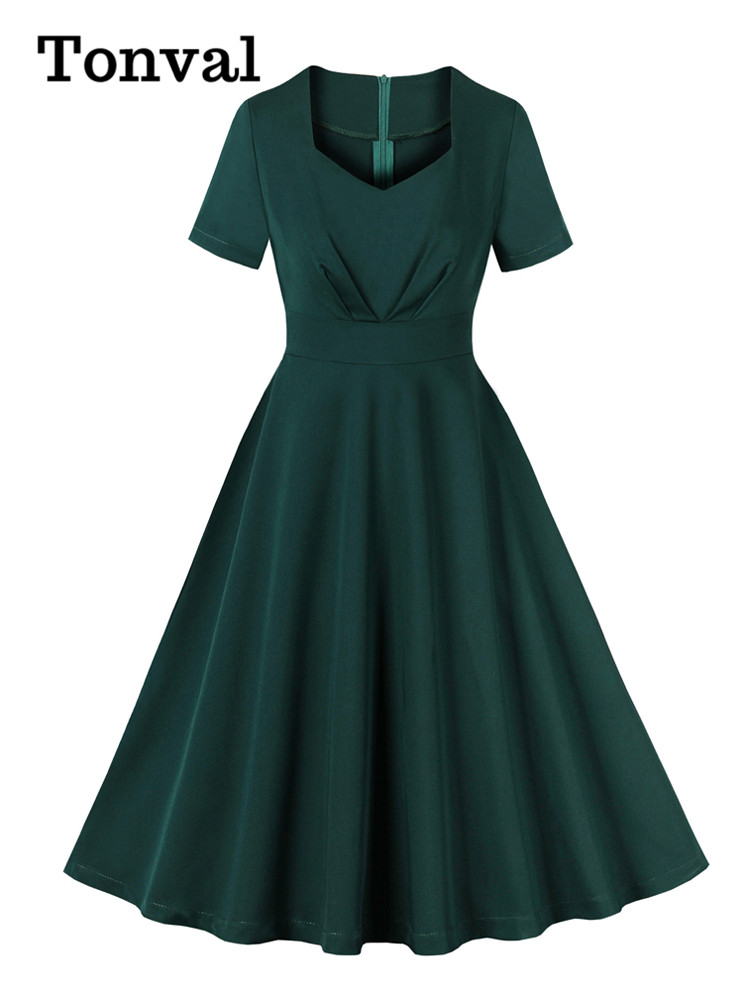 Women'S Green Formal Wear - Tonval 恋人ネックシャーリングハイウエストスイングドレス女性のためのエレガントな 2024 夏グリーン固体ヴィンテージロングドレス