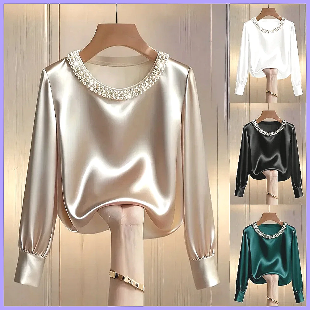 Silk Blouse Button - エレガントなビーズ付きサテンブラウス、女性用、ゆったりとした長袖シルクシャツトップス