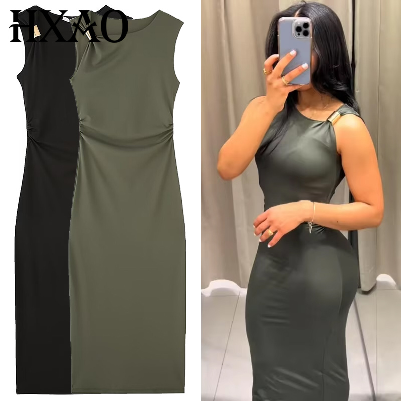Women'S Green Formal Wear - HXAO レディースフリルボディコンドレスグリーンブラックドレス夏の女性のセクシーなノースリーブロングドレス非対称コルセット Vestidos 066