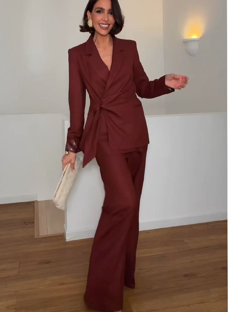 Women Formal Wear Blazers - ファッションオフィスレディースブレザーパンツスーツエレガントフォーマルスリムレースアップジャケットストレートトラウザーレディ通勤着用2ピースセット