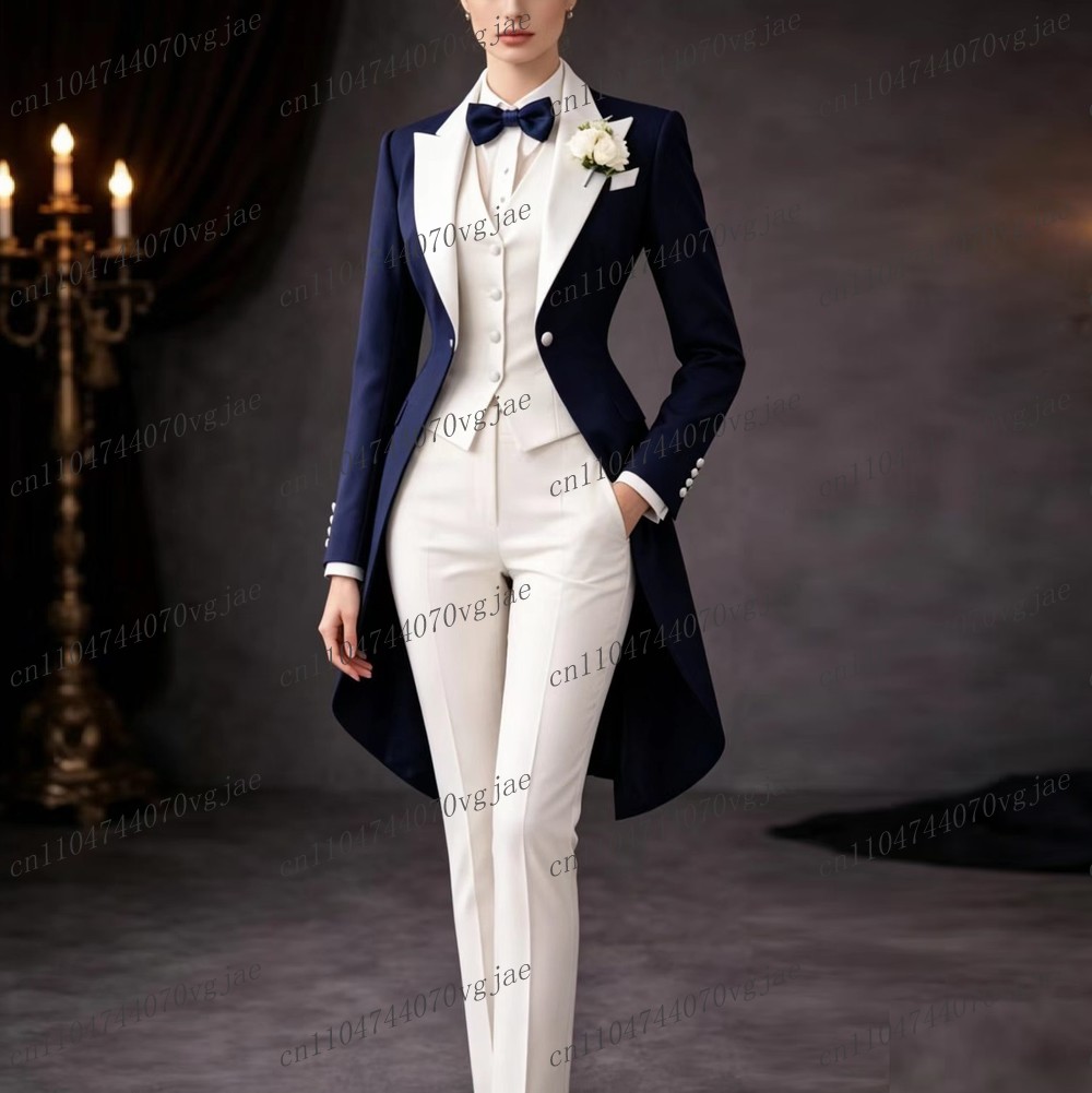 Formal Women'S Wear - ネイビーブルーと白のロング丈レディーススーツ、フォーマルビジネス、結婚式、パーティー、プロム、女性、母親、女の子向けタキシード、3ピースセット（ブレザー、ベスト、パンツ）