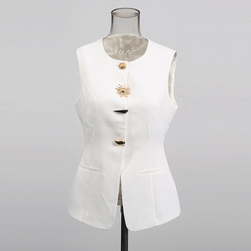 Women Formal Wear Vest - ホワイト O ネック ベスト ゴールデン スペシャル
