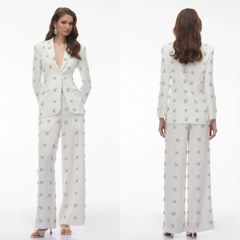 Formal Gala Wear Women - エレガントな女性用2ピーススーツ、クリスタルビーズ付きノッチドラペルブレザー、ワイドレッグロングパンツ、フォーマルウェア、結婚式やガラ用、カスタマイズ可能