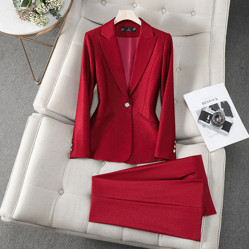 Formal Winter Wear Women Jacket - オフィスレディースフォーマルパンツスーツ2ピースセット女性用ピンクブラックレッド女性用長袖ビジネスワークウェアブレザーとトラウザーズ