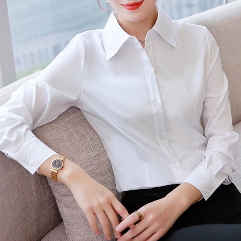 Women Formal Wear Korean - ホワイトスリムフィットフォーマルオフィスレディースシャツ 韓国風ビジネスOL 露出防止ボタンブラウス シンプルデイリーウェアカジュアルシャツトップス
