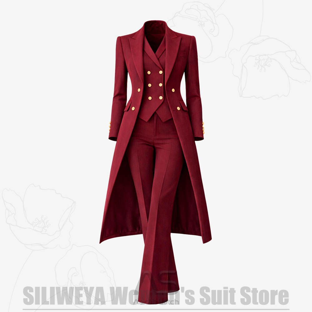 Women Formal Wear Vest - レディーススーツ 3ピース ダブルブレスト ロングコート ベスト パンツ