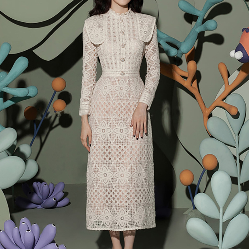 Formal Gala Wear Women - Putao レースミディイブニングドレス長袖ショルダーラペルスリムフォーマルガウン女性ガラ結婚式宴会パーティー着用