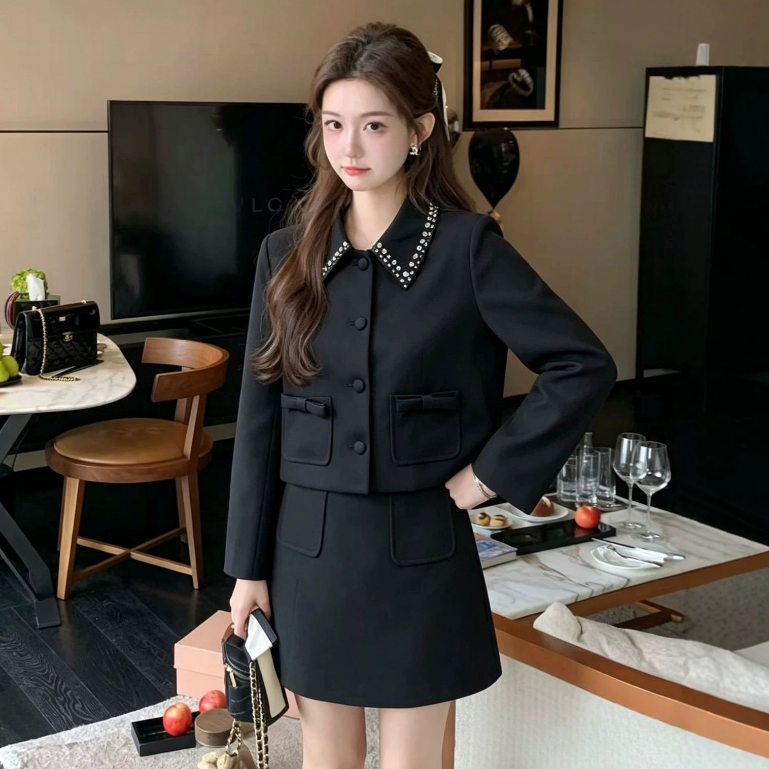 Women Formal Wear Korean - エレガントなスリムスカートのツーピースセット、無地のラペル付き長袖ジャケットトップ＋ハイウエストAラインミニスカート、秋のオフィスカジュアルウェア