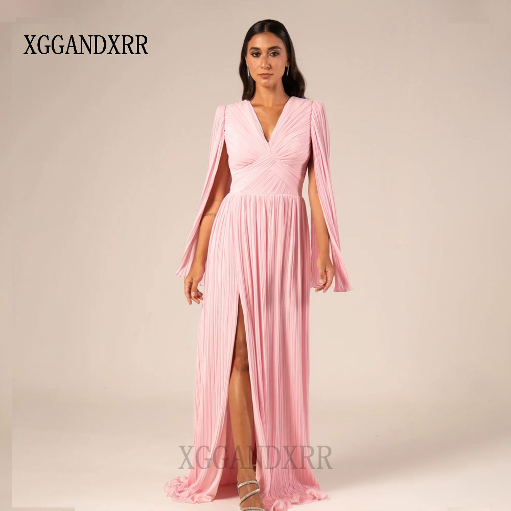 Formal Gala Wear Women - カスタマイズされたピンクのAラインプロムドレス2026ディープVネックサイドスリットロングエレガントイブニングパーティガウン女性フォーマルウェアサウジアラビアガラ