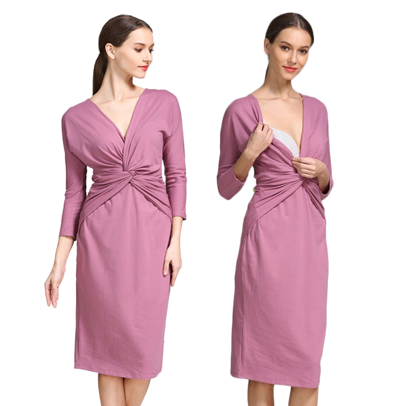 Wrap Dress Work - ツイストフロントラップ授乳マタニティドレス Vネック 七分袖 リフトフィーディング ソフトストレッチ 妊婦用ワークミディガウン