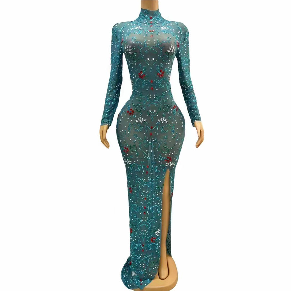Women'S Green Formal Wear - ステージ用の長袖のセクシーなラインストーンドレス、誕生日のお祝い、パーティー、写真の撮影、青と緑、赤のイブニングコスチューム