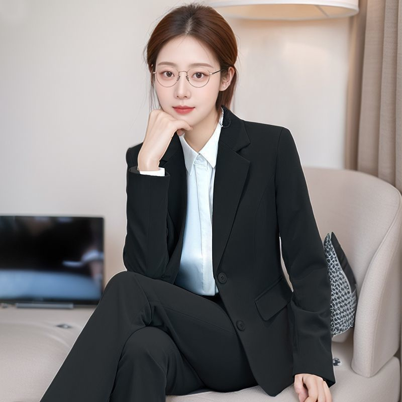 Women Formal Wear Korean - 韓国風ブラックスーツジャケット レディース 春秋新作 スリムフィット ショート丈 長袖
