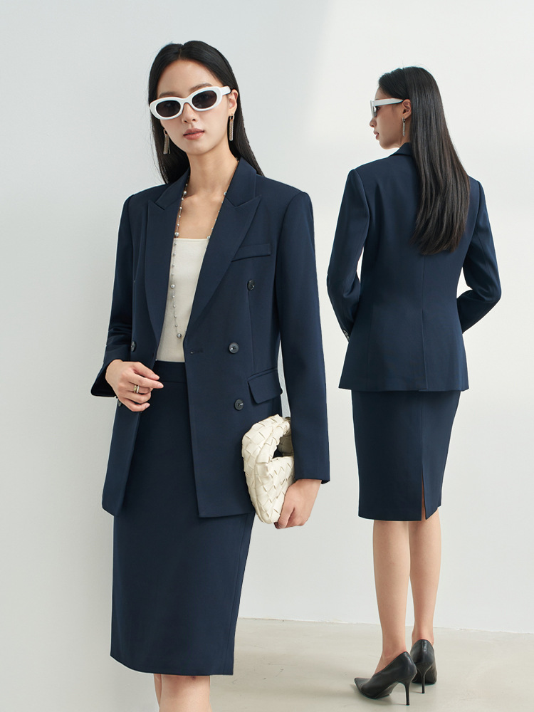 Women Formal Wear For Interview - ネイビーブルーのプロフェッショナルスカートスーツ（女性用）、通勤や面接用のフォーマルウェア、春と秋のホテルフロントデスクワークU