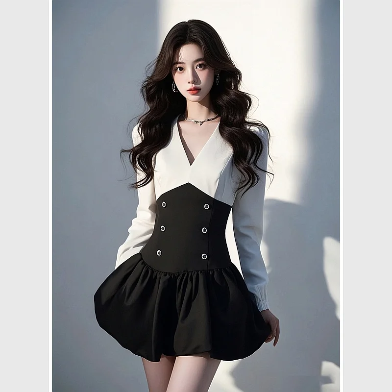 Women Formal Wear Dress - 2025 春の新エレガントな女性 V ネック長袖パッチワークミニドレスオフィスレディフォーマルファッションセレブパーティードレス