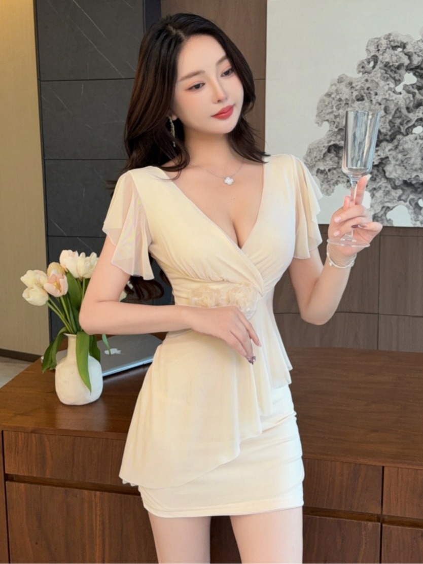 セクシーな V ネックローチェストメッシュラップショートベー - Wrap Dress Work のレビューと価格
