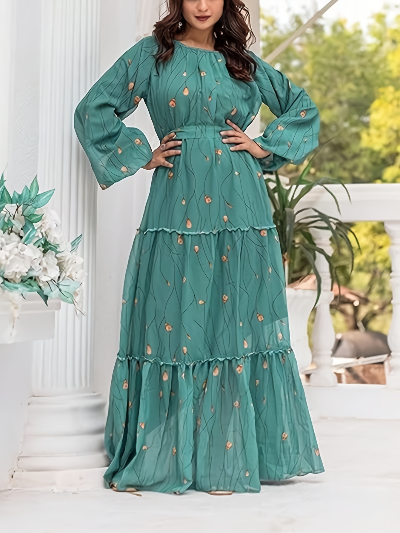エレガントな中東風グリーンフォレストレトロ長袖ラウンドネック - Women'S Green Formal Wear のレビューと価格