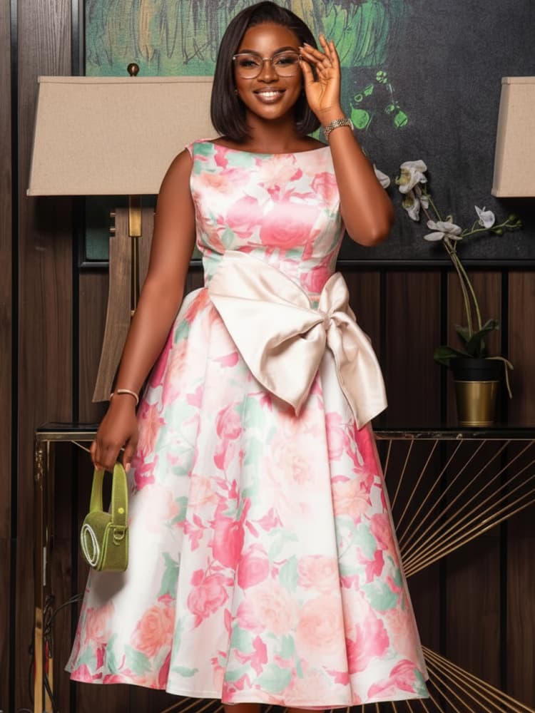 プラスサイズ ラウンドネック ノースリーブ ウエストリボン  - Women Formal Wear Dress のレビューと価格
