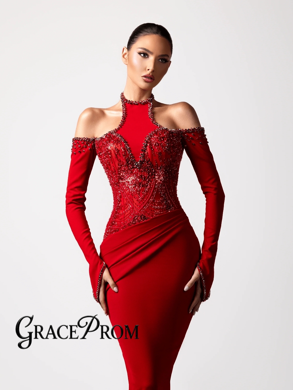 赤いセクシーなホルターイブニングドレス最新のカスタマイズされ - Formal Gala Wear Women のレビューと価格