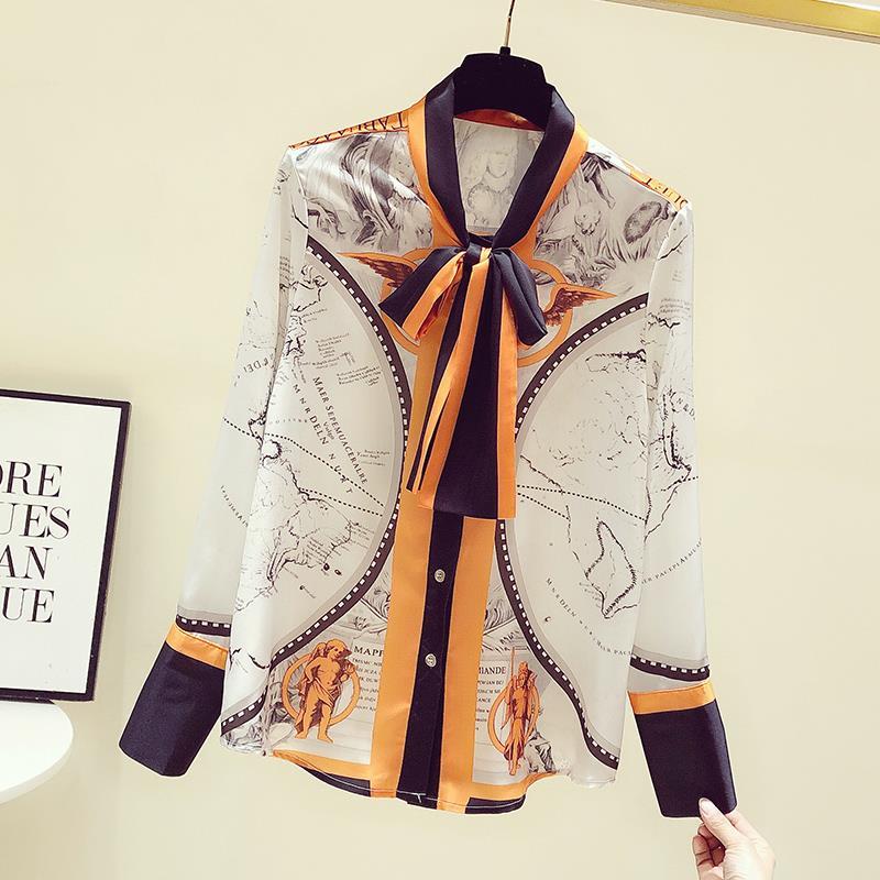 女性用シルクシフォンスカーフ,韓国プリント,長袖,ブラウス, - Silk Blouse Button のレビューと価格