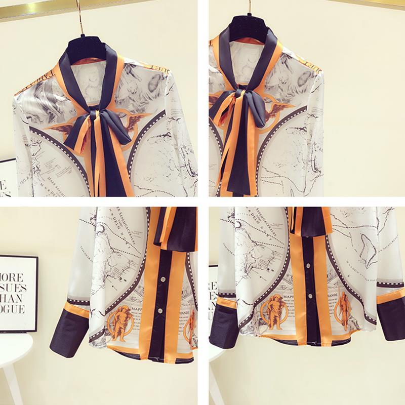 女性用シルクシフォンスカーフ,韓国プリント,長袖,ブラウス, - Silk Blouse Button のレビューと価格