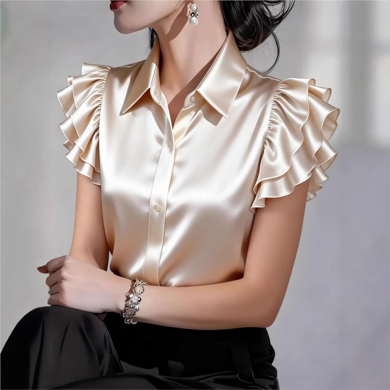 カジュアルフリル半袖ブラウス 2026 春夏ターンダウン襟シ - Silk Blouse Button のレビューと価格