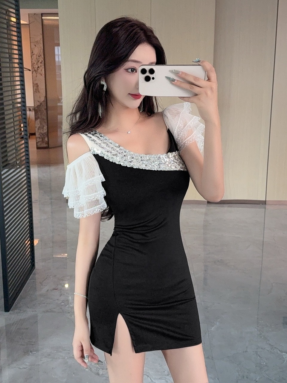 セクシーなレーススプライスショートラップアラウンドボトムドレ - Wrap Dress Work のレビューと価格