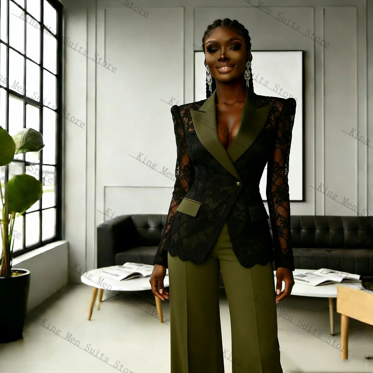 グリーンブラックレース女性スーツセット 2 個ブレザー +  - Women'S Green Formal Wear のレビューと価格