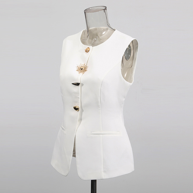 ホワイト O ネック ベスト ゴールデン スペシャル ボタン - Women Formal Wear Vest のレビューと価格