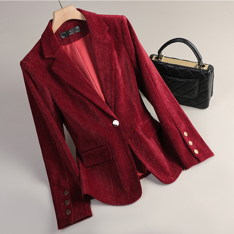 イエローゴールドベルベットブレザー女性秋冬カジュアルスーツフ - Women Formal Wear Blazers のレビューと価格