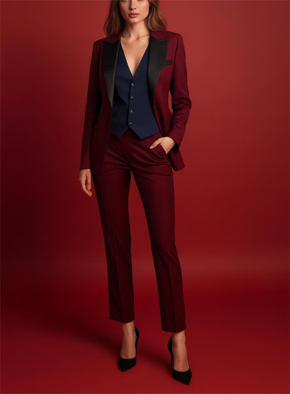 エレガントなバーガンディレディーススーツ3ピーススーツ公式衣 - Women Formal Wear Vest のレビューと価格