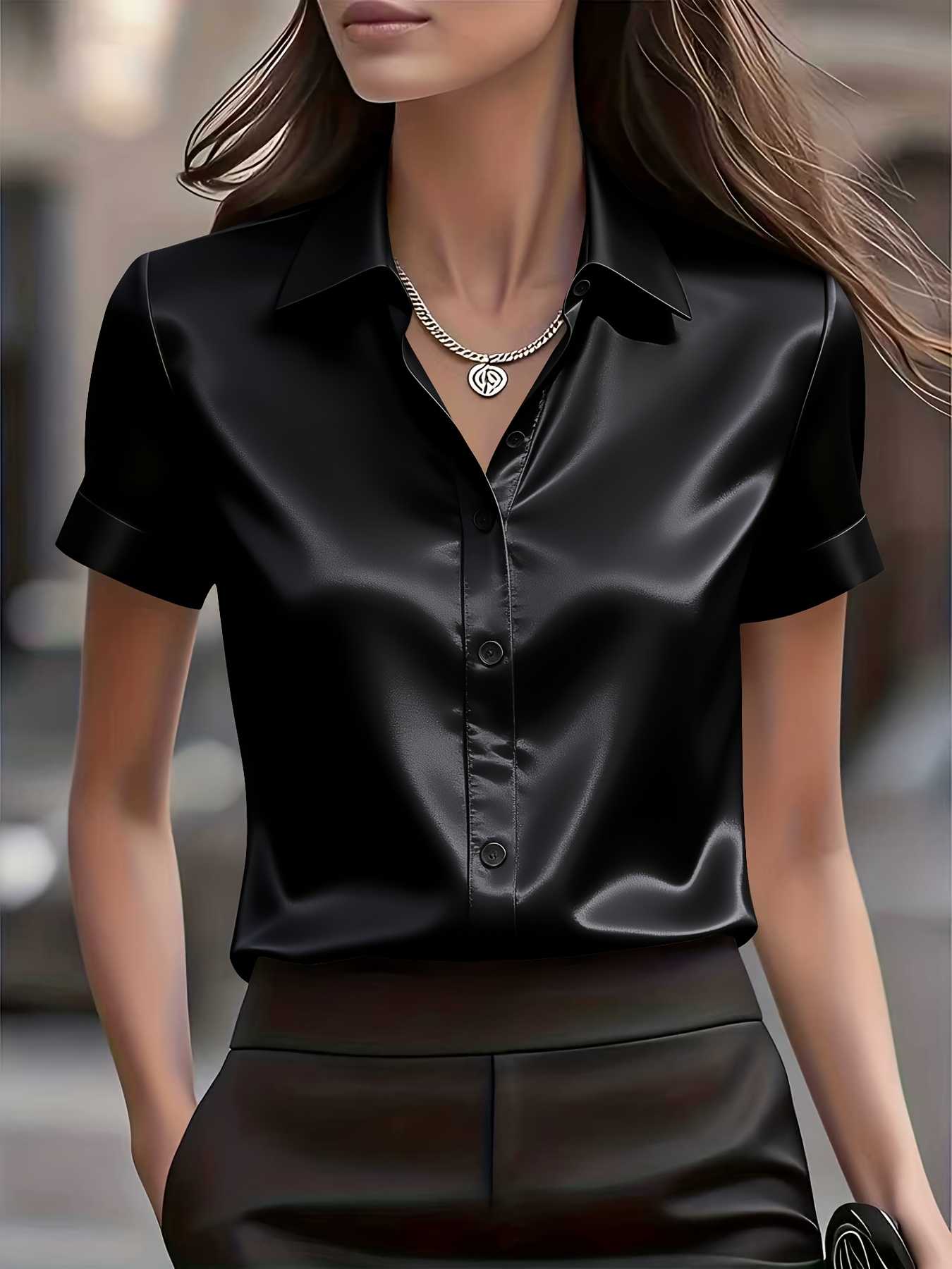 エレガントなスリムフィットシルクブレンド通勤シャツ、多用途な - Silk Blouse Button のレビューと価格