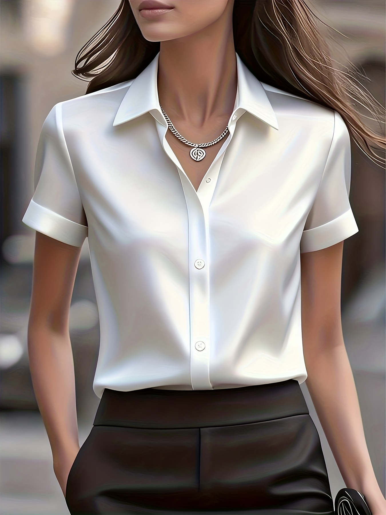 エレガントなスリムフィットシルクブレンド通勤シャツ、多用途な - Silk Blouse Button のレビューと価格