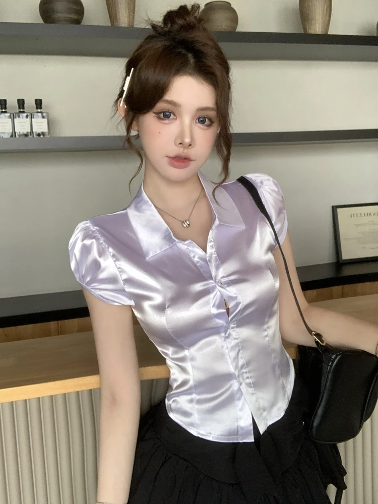 2026年夏セクシーシルクシャツ レディース 韓国ファッショ - Silk Blouse Button のレビューと価格