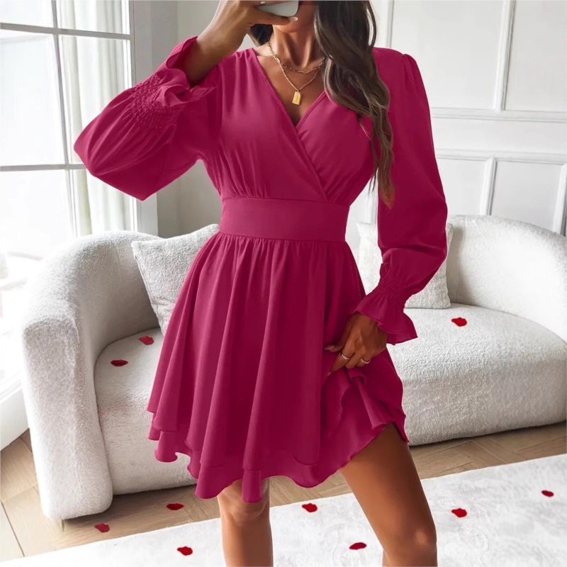 2025年 レディース服 Vネック ランタン袖 ラップミニド - Wrap Dress Work のレビューと価格