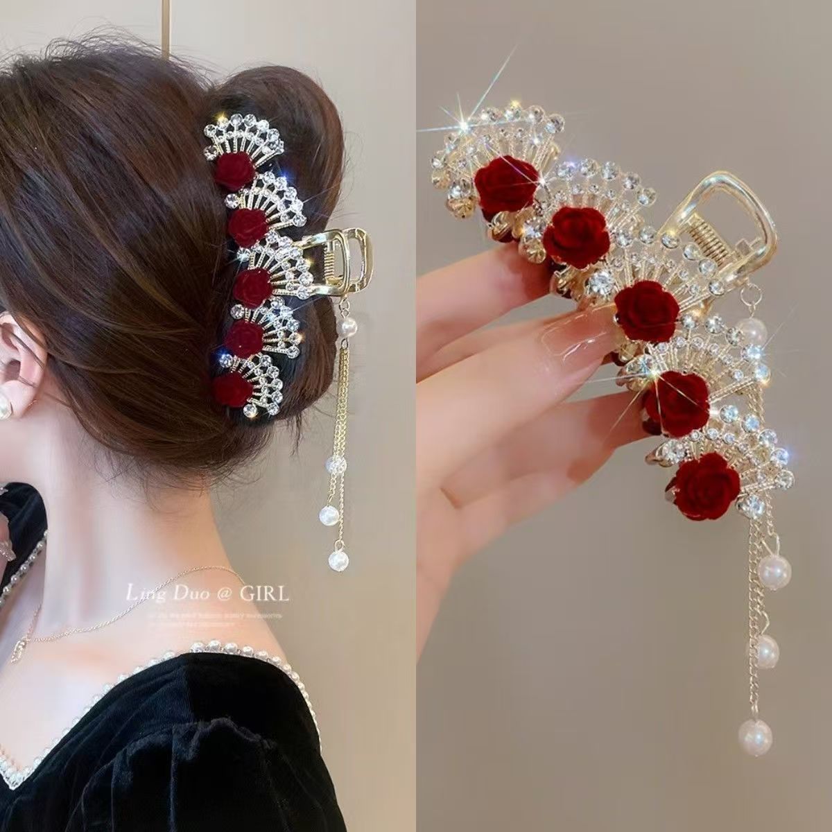 ヴィンテージレッドフローラルラインストーンヘアクリップ（女性 - Formal Wear Hairstyles For Women のレビューと価格