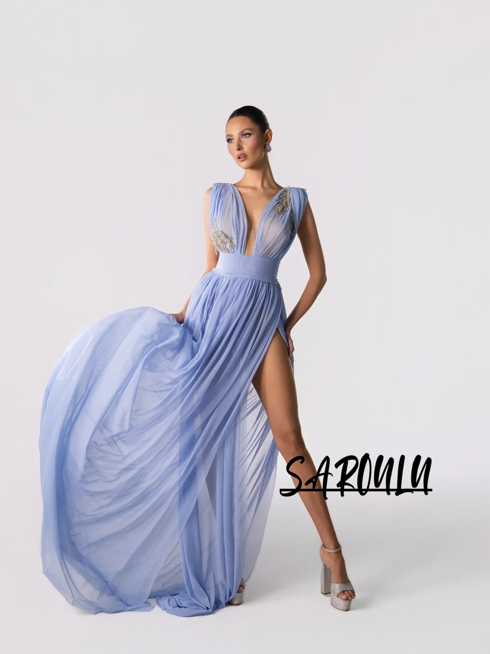 ライトブルーのセクシーなディープVネックイブニングドレス20 - Formal Gala Wear Women のレビューと価格