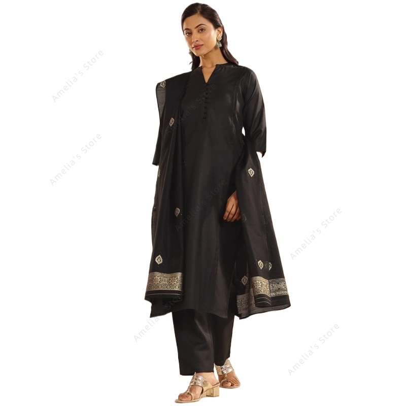 レディース ブラック ジャカード クルタ パンツ ドゥパッタ - Women Formal Wear Indian のレビューと価格