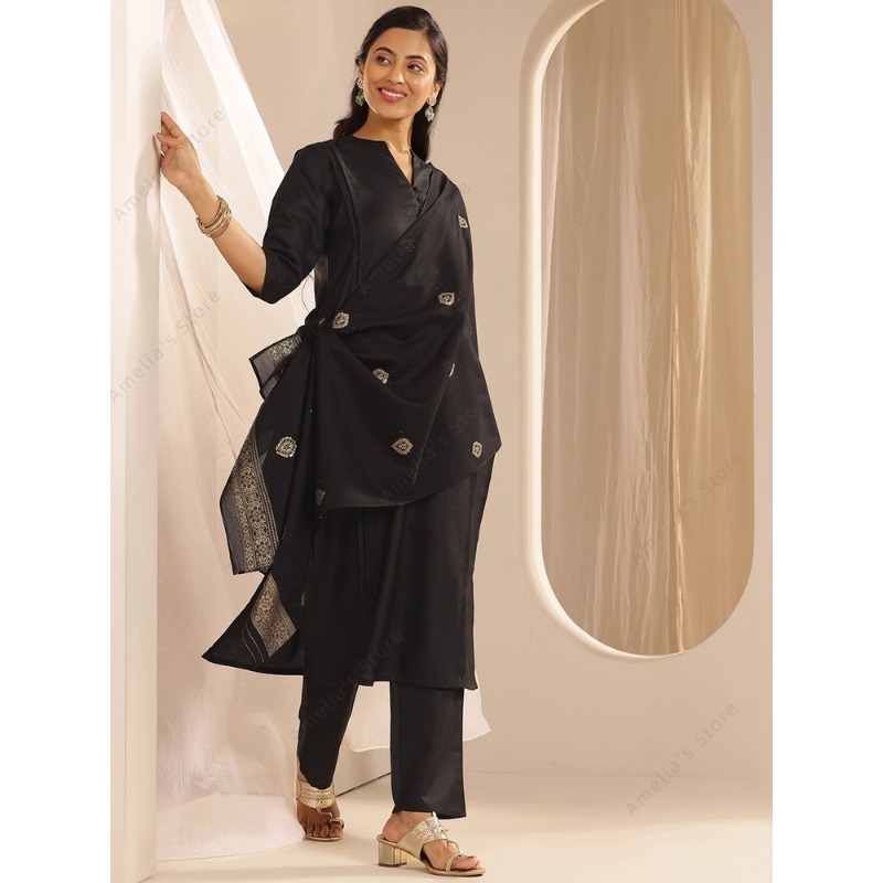 レディース ブラック ジャカード クルタ パンツ ドゥパッタ - Women Formal Wear Indian のレビューと価格