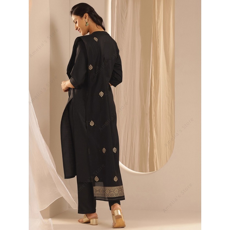 レディース ブラック ジャカード クルタ パンツ ドゥパッタ - Women Formal Wear Indian のレビューと価格