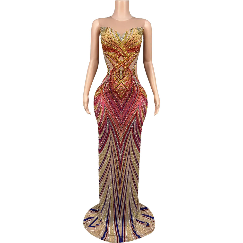 女性用キラキラ光るラインストーンメッシュイブニングドレス、ガ - Formal Gala Wear Women のレビューと価格