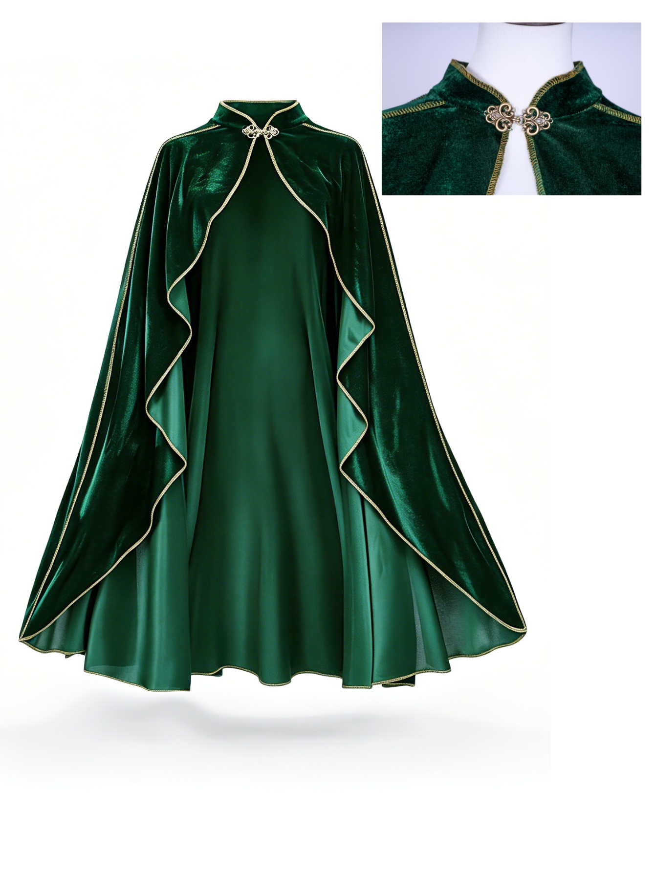女性用ヴィンテージグリーンベルベットケープマント、ゴールドト - Women'S Green Formal Wear のレビューと価格