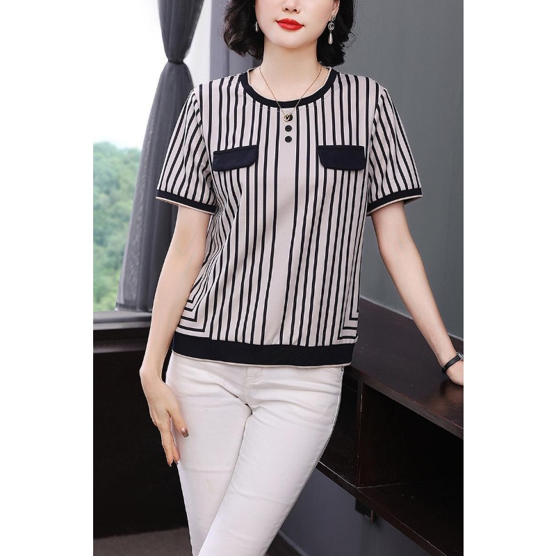 レディース ストライプ アイスシルク Tシャツ 半袖 カジュ - Silk Blouse Button のレビューと価格